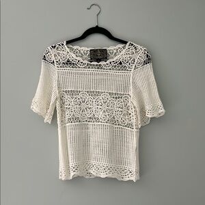 Anthropologie Cream Crochet Boxy Blouse Short Sleeves